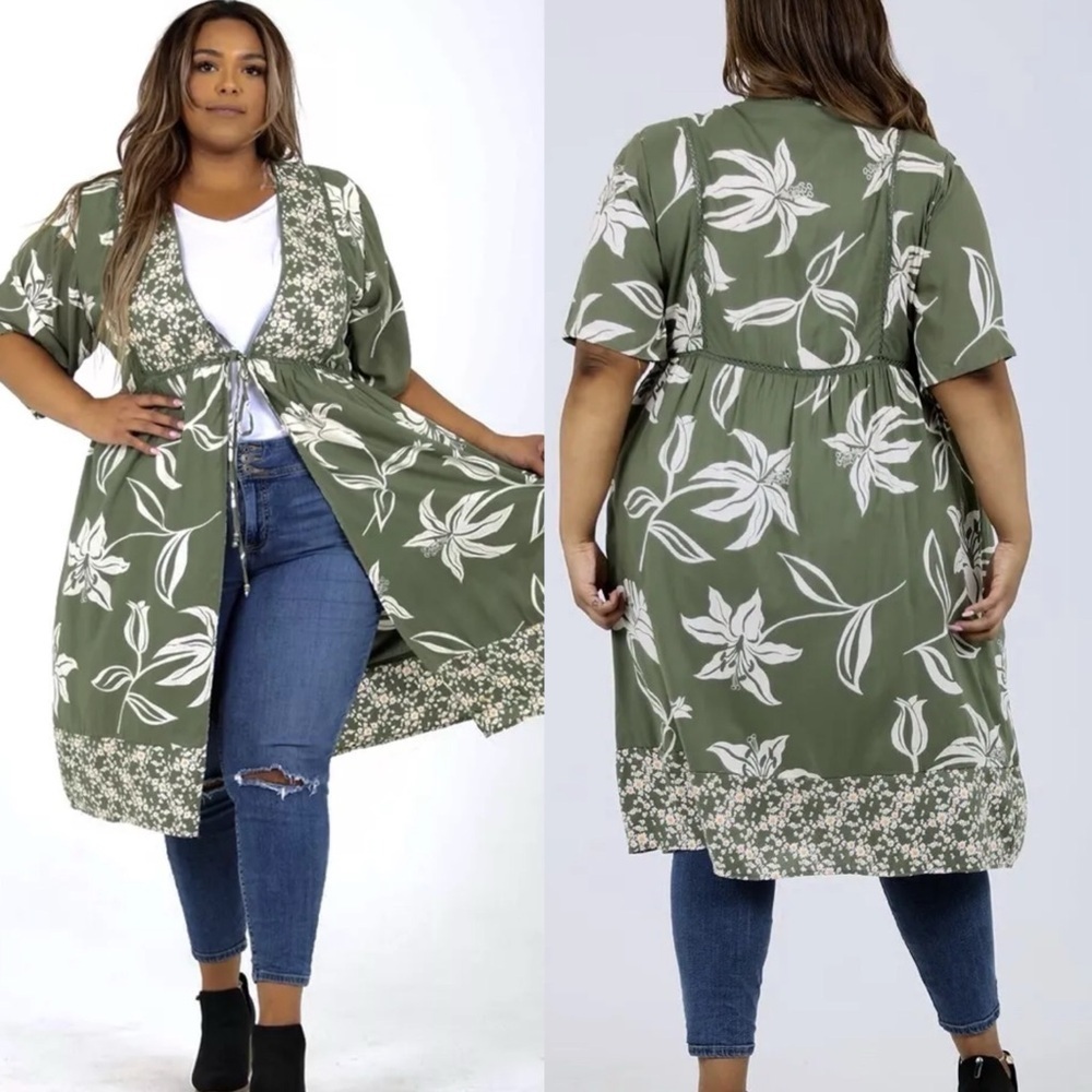 Angie Boho Floral Long Tie Front Kimono Jacket Olive Green Size Medium